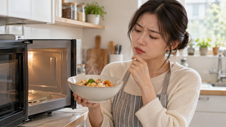 전자레인지에서 데운 음식을 꺼내는 모습
