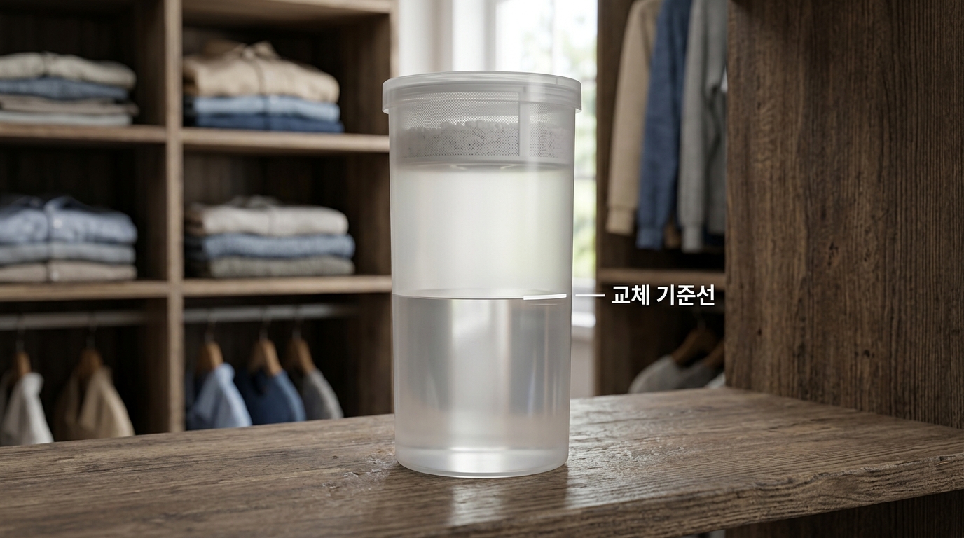 내부 액체 높이와 측면 기준선이 보이는 통형 제습제